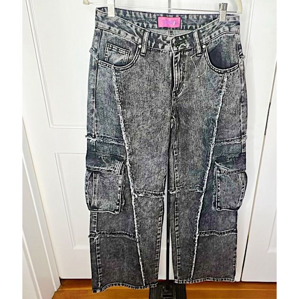 Telepatia Acid Wash Wide Leg Cargo Jeans Black Size 14